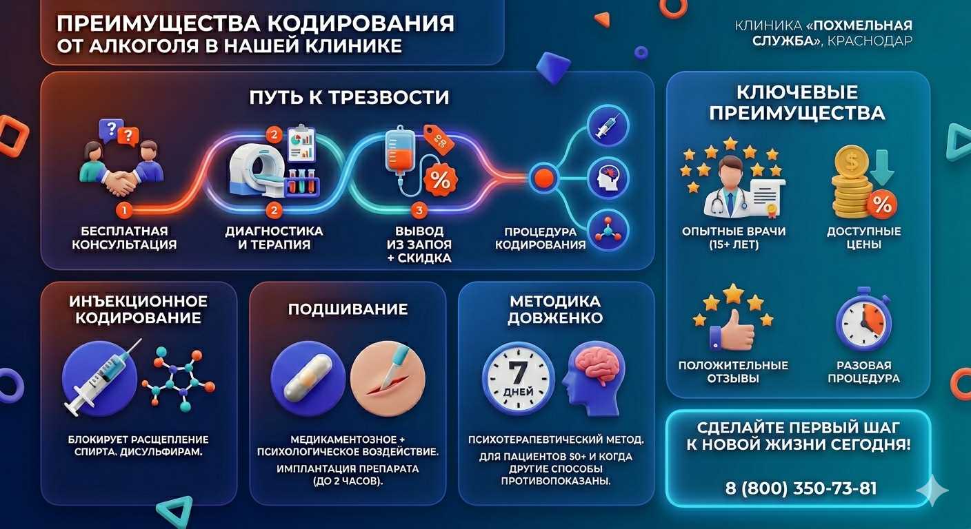 Инфографика о методах кодирования от алкоголя в Гизели: инъекции, подшивание, метод Довженко. Преимущества клиники и этапы лечения.